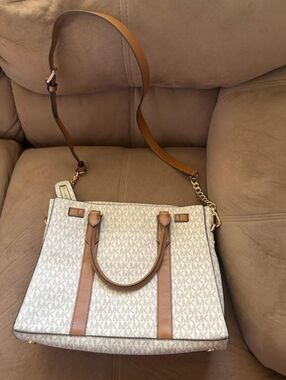Michael Kors Cream MK Logo Satchel with Brown Trim
